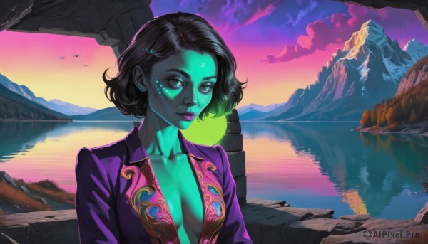 1girl,solo,breasts,looking at viewer,short hair,black hair,cleavage,jewelry,medium breasts,closed mouth,green eyes,collarbone,jacket,upper body,earrings,outdoors,open clothes,sky,cloud,water,lips,no bra,makeup,glowing,colored skin,bird,facial mark,lipstick,reflection,sunset,mountain,nose,center opening,blue skin,purple jacket,green skin,purple skin,river,purple lips,lake,plunging neckline,brown hair,hair ornament,hairclip,signature,scenery,sunrise