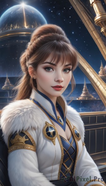 1girl,solo,long hair,breasts,looking at viewer,smile,brown hair,long sleeves,dress,cleavage,jewelry,medium breasts,upper body,braid,parted lips,sky,hair bun,lips,coat,grey eyes,fur trim,makeup,lipstick,star (sky),starry sky,realistic,red lips,space,planet,earth (planet),bangs,green eyes,ponytail,earrings,artist name,eyelashes,night,thick eyebrows,gem,night sky,fur collar,nose