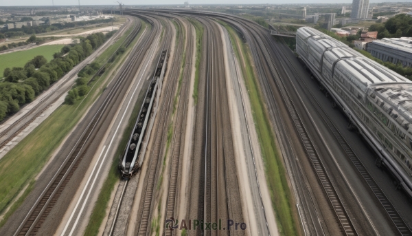 outdoors,sky,day,tree,no humans,grass,ground vehicle,building,nature,scenery,motor vehicle,city,road,bridge,train,train station,railroad tracks,real world location,cloud,forest,realistic,cityscape,field,river,landscape