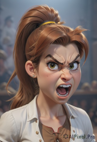 1girl,solo,long hair,looking at viewer,open mouth,bangs,brown hair,shirt,jewelry,green eyes,collarbone,yellow eyes,white shirt,upper body,ponytail,earrings,teeth,solo focus,collared shirt,artist name,blurry,lips,v-shaped eyebrows,blurry background,thick eyebrows,high ponytail,portrait,angry,freckles,realistic,nose,stud earrings,shouting,eyelashes,buttons,depth of field