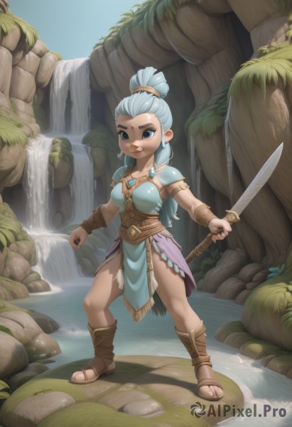 1girl,solo,long hair,breasts,looking at viewer,smile,blue eyes,holding,jewelry,medium breasts,blue hair,standing,full body,ponytail,weapon,braid,outdoors,sword,dark skin,water,holding weapon,armor,bracelet,dark-skinned female,lips,facial mark,holding sword,sandals,high ponytail,shoulder armor,pelvic curtain,armlet,pauldrons,forehead mark,bracer,forehead jewel,loincloth,topknot,waterfall,multi-tied hair,white hair,earrings,boots,artist name,makeup,aged down,rock,facepaint,facial tattoo