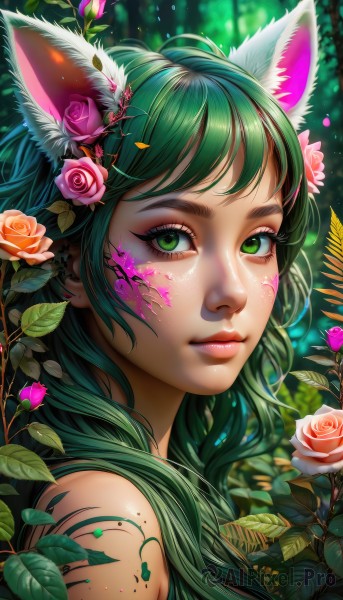 1girl,solo,long hair,looking at viewer,bangs,hair ornament,animal ears,bare shoulders,closed mouth,green eyes,upper body,flower,outdoors,green hair,artist name,cat ears,hair flower,blurry,from side,lips,animal ear fluff,eyelashes,tattoo,makeup,blurry background,rose,leaf,facial mark,plant,lipstick,slit pupils,red flower,portrait,pink flower,eyeshadow,freckles,red rose,pink lips,nose,eyeliner,facepaint,pink rose,mascara,watermark,sunlight,nature,web address,forest,bodypaint,paint splatter