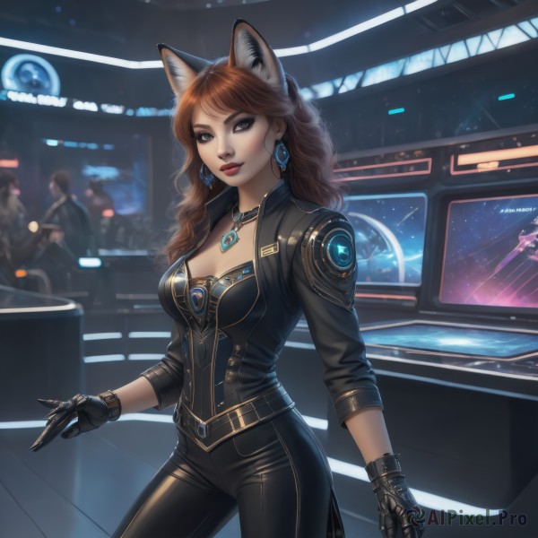 1girl,solo,long hair,breasts,looking at viewer,brown hair,gloves,animal ears,cleavage,brown eyes,jewelry,medium breasts,standing,tail,weapon,cowboy shot,earrings,solo focus,black gloves,belt,pants,cat ears,necklace,lips,fox ears,bodysuit,makeup,wavy hair,black pants,lipstick,gem,pendant,eyeshadow,science fiction,red lips,smile,bangs,shirt,long sleeves,holding,closed mouth,jacket,open clothes,artist name,indoors,signature,blurry,black eyes,open jacket,black jacket,grey eyes,black shirt,night,fox girl,contrapposto,curly hair,realistic,nose,tight,leather,leather jacket,tight pants,leather gloves,leather pants