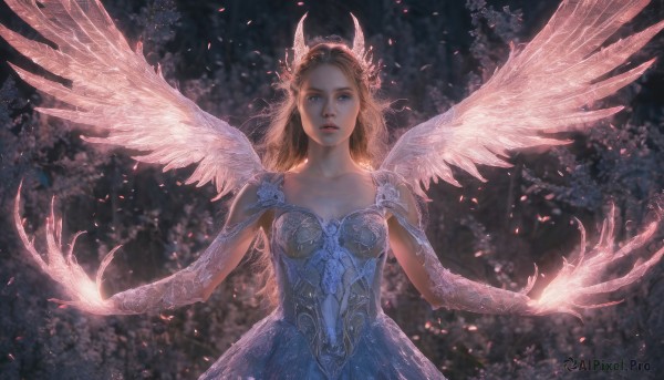 1girl,solo,long hair,breasts,looking at viewer,blue eyes,blonde hair,hair ornament,dress,bare shoulders,collarbone,upper body,outdoors,parted lips,wings,tree,lips,blue dress,glowing,outstretched arms,feathers,nature,feathered wings,forest,angel wings,realistic,fantasy,white wings,angel,brown hair,horns