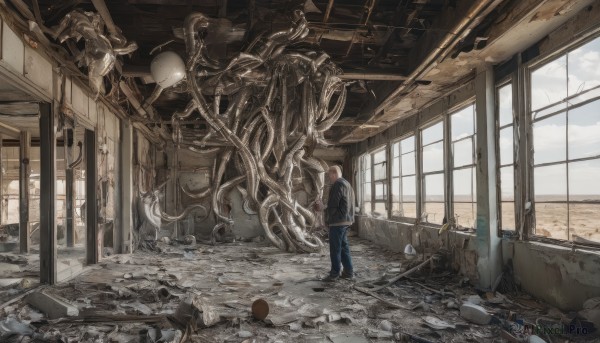 solo,short hair,brown hair,long sleeves,1boy,standing,jacket,male focus,shoes,day,pants,cloud,indoors,window,denim,scenery,monster,blue pants,ruins,wide shot,broken,skeleton,crack,rubble,broken window,blonde hair,sky,hood,from behind,hoodie,cloudy sky,hand in pocket,jeans,hands in pockets,cable,ceiling,ceiling light,industrial pipe