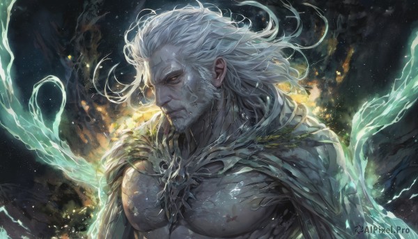 solo,long hair,1boy,closed mouth,nipples,upper body,white hair,male focus,cape,muscular,glowing,facial hair,scar,pectorals,muscular male,bara,beard,scar on face,colored sclera,mature male,manly,white eyes,old,old man,wrinkled skin,looking at viewer,smile,from side,colored skin,grey skin