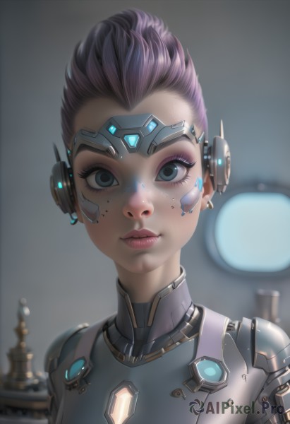 1girl,solo,looking at viewer,short hair,blue eyes,jewelry,closed mouth,upper body,pink hair,purple hair,earrings,artist name,signature,armor,blurry,official alternate costume,lips,eyelashes,bodysuit,makeup,blurry background,headgear,facial mark,lipstick,portrait,eyeshadow,freckles,pink lips,nose,eyeliner,cyborg,hair pulled back,mascara,black eyes,glowing,expressionless,robot,alternate hair color