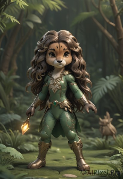 1girl,solo,long hair,looking at viewer,brown hair,gloves,long sleeves,holding,animal ears,brown eyes,closed mouth,standing,full body,boots,outdoors,pants,artist name,blurry,tree,bodysuit,depth of field,blurry background,animal,facial mark,brown footwear,thick eyebrows,grass,nature,furry,brown gloves,forest,lantern,furry female,green pants,brown fur,breasts,very long hair,small breasts,cape,armor,bird,leaf,wavy hair,plant,freckles,curly hair,branch,green cape,holding lantern