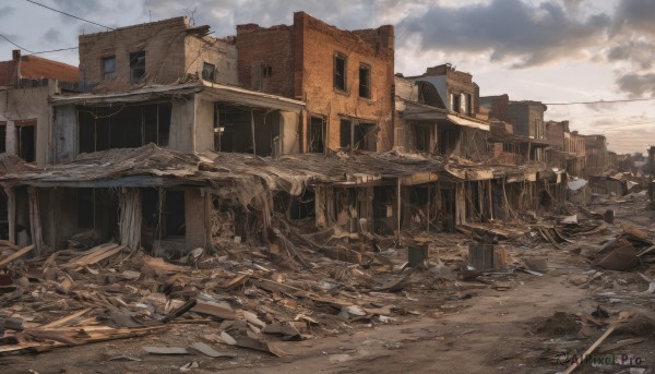 outdoors,sky,day,cloud,no humans,window,cloudy sky,building,scenery,city,road,ruins,house,power lines,broken,debris,broken glass,rubble,broken window