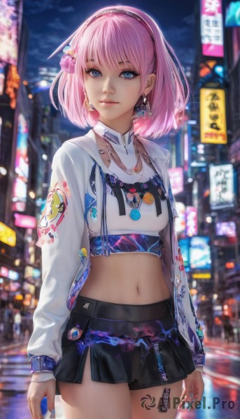 1girl,solo,breasts,looking at viewer,smile,short hair,bangs,blue eyes,skirt,shirt,hair ornament,long sleeves,navel,jewelry,closed mouth,standing,jacket,white shirt,pink hair,cowboy shot,pleated skirt,hairband,earrings,small breasts,outdoors,open clothes,sky,midriff,hair flower,miniskirt,black skirt,necklace,stomach,nail polish,blurry,open jacket,lips,crop top,see-through,makeup,night,blurry background,bob cut,white jacket,building,blue nails,city,arms at sides,badge,button badge,neon lights,medium breasts,thighs,artist name,depth of field,watermark,city lights