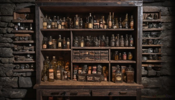 indoors,cup,no humans,bottle,scenery,alcohol,drinking glass,glass,brick wall,stool,shelf,wine bottle,bar (place),counter,whiskey,table,dark,wall,jar,still life