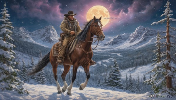 solo,1boy,hat,jacket,male focus,boots,outdoors,sky,pants,cloud,tree,gun,night,facial hair,animal,moon,star (sky),nature,night sky,scenery,beard,snow,full moon,forest,starry sky,brown jacket,snowing,mountain,riding,horse,bare tree,cowboy hat,revolver,horseback riding,cowboy western,reins,saddle,pine tree,weapon,coat,winter