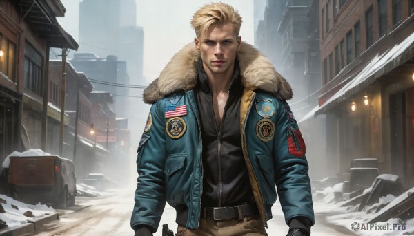 HQ,solo,looking at viewer,short hair,blue eyes,blonde hair,shirt,gloves,long sleeves,1boy,closed mouth,standing,jacket,male focus,outdoors,open clothes,collared shirt,belt,pants,uniform,open jacket,lips,fur trim,black shirt,facial hair,pectorals,ground vehicle,building,motor vehicle,snow,buckle,snowing,city,realistic,fur-trimmed jacket,car,road,manly,badge,police,street,bomber jacket,weapon,day,black gloves,muscular,blue jacket,fur collar,black belt,lamp,brown pants,lamppost,denim jacket