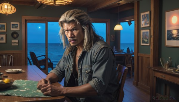 solo,long hair,blue eyes,blonde hair,shirt,1boy,jewelry,sitting,jacket,white hair,male focus,multicolored hair,open clothes,sky,indoors,dark skin,water,necklace,open jacket,cup,black shirt,window,night,facial hair,ocean,scar,chair,table,beard,sleeves rolled up,realistic,lamp,watercraft,photo (object),ship,denim jacket,looking at viewer,food,signature,vest,lips,fruit,parody,denim,plate,wooden floor,spoon,manly