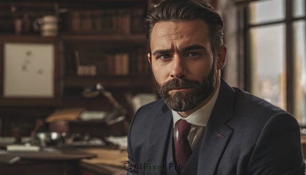 solo,looking at viewer,short hair,brown hair,shirt,black hair,1boy,brown eyes,closed mouth,jacket,white shirt,upper body,male focus,necktie,collared shirt,indoors,blurry,black eyes,black jacket,blurry background,facial hair,formal,suit,red necktie,beard,mature male,realistic,mustache,old man,photo background,suit jacket,vest,window,depth of field,scar,portrait,meme,manly,black suit