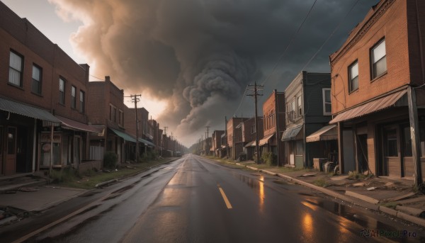 outdoors,sky,day,cloud,tree,no humans,window,cloudy sky,grass,ground vehicle,building,scenery,motor vehicle,smoke,reflection,sign,fence,door,car,road,house,power lines,lamppost,street,utility pole,puddle,sunset,evening,road sign