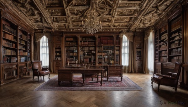 day,indoors,cup,book,no humans,window,chair,table,sunlight,bottle,curtains,instrument,scenery,light rays,wooden floor,stairs,bookshelf,lamp,candle,stool,shelf,book stack,library,carpet,candlestand,rug,cabinet,reflective floor,chandelier,globe,wooden chair,desk