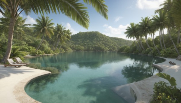 outdoors,sky,day,cloud,water,tree,blue sky,no humans,shadow,ocean,chair,beach,plant,nature,scenery,forest,reflection,sand,palm tree,bush,shade,summer,boat,landscape,shore,lounge chair,island,grass,rock,watercraft,lake