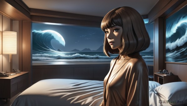 1girl,solo,breasts,short hair,bangs,blue eyes,brown hair,shirt,long sleeves,sitting,closed mouth,upper body,sky,cloud,indoors,blunt bangs,medium hair,water,lips,pillow,window,bed,night,bird,ocean,on bed,moon,bob cut,night sky,pajamas,lantern,mountain,nose,lamp,bedroom,waves,drawer,black hair,from side,sweater,looking to the side,dragon,light,watercraft,painting (object),desk lamp