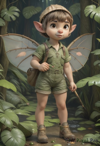 solo,looking at viewer,smile,short hair,brown hair,shirt,1boy,hat,holding,brown eyes,closed mouth,standing,full body,short sleeves,male focus,boots,outdoors,wings,shoes,shorts,pointy ears,collared shirt,belt,artist name,signature,bag,tree,leaf,brown footwear,thick eyebrows,backpack,child,nature,forest,pocket,green shirt,fairy wings,ankle boots,fairy,male child,green shorts,stick,plant,insect wings,hand net,butterfly net