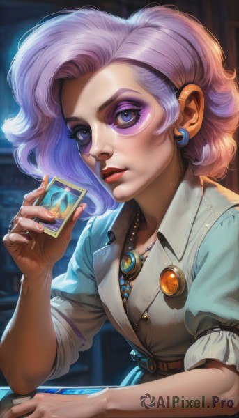 1girl,solo,breasts,looking at viewer,short hair,blue eyes,shirt,holding,jewelry,sitting,upper body,pink hair,purple hair,short sleeves,earrings,parted lips,belt,artist name,medium hair,necklace,nail polish,lips,fingernails,eyelashes,makeup,buttons,ring,lipstick,crescent,gem,pendant,eyeshadow,card,nose,eyeliner,badge,holding card,mascara,dress,purple eyes,hairband,puffy sleeves,puffy short sleeves,phone,thick eyebrows,cellphone,curly hair,realistic,brown dress