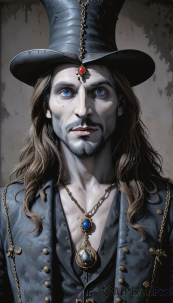 solo,long hair,blue eyes,brown hair,1boy,hat,jewelry,closed mouth,collarbone,upper body,male focus,open clothes,necklace,vest,lips,black headwear,witch hat,buttons,facial hair,chain,looking up,gem,beard,pendant,mustache,looking at viewer,belt,pale skin,realistic,goatee