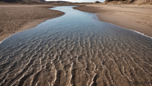 solo,outdoors,sky,day,water,no humans,ocean,traditional media,beach,nature,scenery,reflection,mountain,sand,silhouette,river,landscape,lake,shore,desert,military,from above,waves