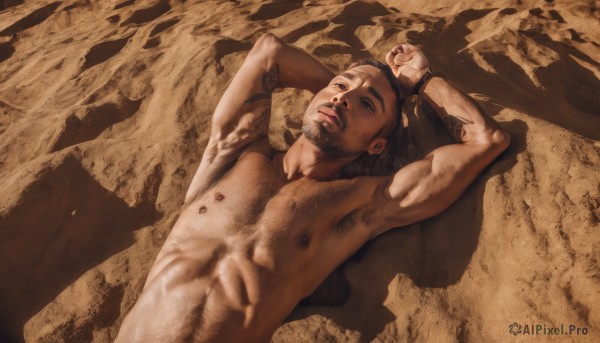 solo,looking at viewer,short hair,1boy,navel,closed mouth,nipples,male focus,nude,lying,on back,armpits,stomach,blurry,completely nude,muscular,shadow,facial hair,abs,pectorals,muscular male,bara,beard,large pectorals,mature male,realistic,mustache,sand,handcuffs,sepia,chest hair,navel hair,armpit hair,leg hair,arm hair,brown theme,hairy,fine art parody,black hair,upper body,arms up,tattoo,thick eyebrows,sideburns,stubble,dirty,desert,body hair