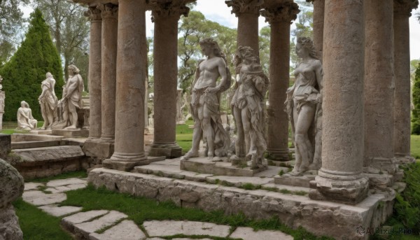 outdoors,sky,day,tree,no humans,grass,nature,scenery,ruins,pillar,statue,column,1boy,standing,weapon,male focus,multiple boys,sword,cloud,blue sky,hand on hip,muscular,sunlight,muscular male,bush,stone