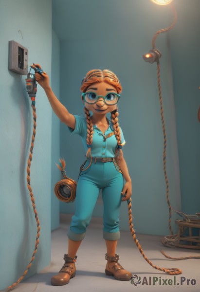 1girl,solo,long hair,breasts,looking at viewer,smile,blue eyes,brown hair,shirt,holding,twintails,standing,full body,braid,short sleeves,small breasts,boots,glasses,belt,pants,indoors,dark skin,orange hair,twin braids,dark-skinned female,brown footwear,blue shirt,child,freckles,female child,overalls,cable,blue-framed eyewear,thick eyebrows,blue pants