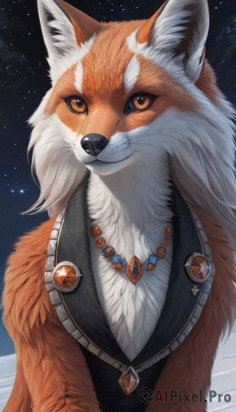 solo,looking at viewer,jewelry,upper body,outdoors,sky,artist name,signature,necklace,orange eyes,no humans,night,animal,gem,star (sky),night sky,starry sky,freckles,realistic,animal focus,fox,fluffy,orange fur,brown eyes,closed mouth,star (symbol),vest,watermark,white fur,badge