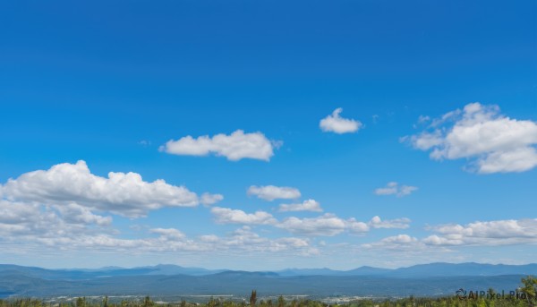 outdoors,sky,day,cloud,tree,blue sky,no humans,bird,cloudy sky,grass,nature,scenery,forest,mountain,horizon,summer,landscape,mountainous horizon,hill,signature,plant,field