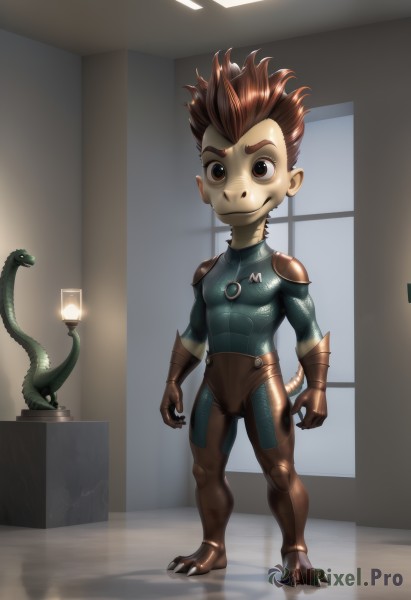 solo,looking at viewer,smile,short hair,brown hair,gloves,1boy,brown eyes,closed mouth,standing,tail,full body,male focus,pointy ears,indoors,armor,window,bodysuit,spiked hair,skin tight,claws,brown gloves,snake,lamp,male child,alien,lizard