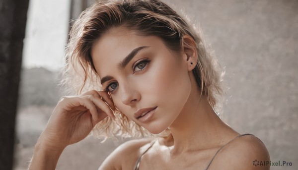 1girl,solo,looking at viewer,short hair,brown hair,bare shoulders,jewelry,collarbone,upper body,earrings,parted lips,hand up,blurry,lips,grey eyes,eyelashes,blurry background,portrait,freckles,realistic,stud earrings,blue eyes,teeth,signature,head tilt,thick eyebrows,spaghetti strap