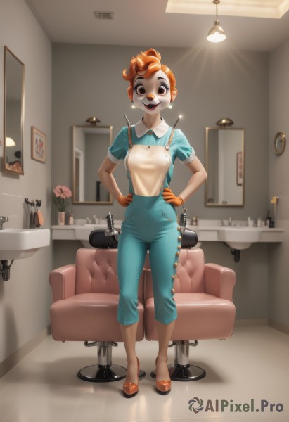 1girl,solo,breasts,looking at viewer,smile,short hair,open mouth,shirt,gloves,standing,full body,flower,short sleeves,earrings,shoes,teeth,indoors,orange hair,black eyes,apron,makeup,lipstick,couch,freckles,reflection,hands on hips,mirror,clock,lamp,overalls,slippers,orange footwear,orange gloves,wall clock,jewelry,chair,table,red lips,clown