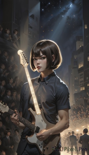 1girl,looking at viewer,short hair,bangs,multiple girls,brown hair,shirt,black hair,holding,brown eyes,standing,short sleeves,cowboy shot,outdoors,parted lips,multiple boys,necktie,sky,solo focus,collared shirt,pants,blunt bangs,black eyes,lips,black shirt,dress shirt,muscular,night,6+girls,black pants,formal,bob cut,suit,blue shirt,wing collar,building,instrument,star (sky),night sky,starry sky,6+boys,veins,city,realistic,nose,music,guitar,red lips,playing instrument,holding instrument,electric guitar,crowd,people,concert,police,polo shirt