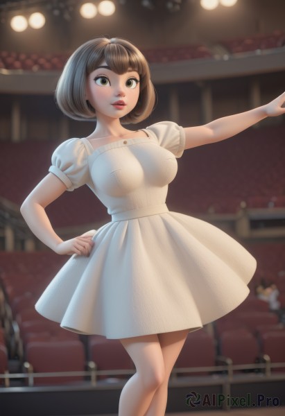 1girl,solo,breasts,looking at viewer,smile,short hair,bangs,large breasts,brown hair,dress,brown eyes,medium breasts,standing,collarbone,short sleeves,puffy sleeves,artist name,indoors,white dress,blurry,puffy short sleeves,lips,see-through,hand on hip,makeup,blurry background,feet out of frame,bob cut,outstretched arm,lipstick,freckles,red lips,uraraka ochako,parted lips