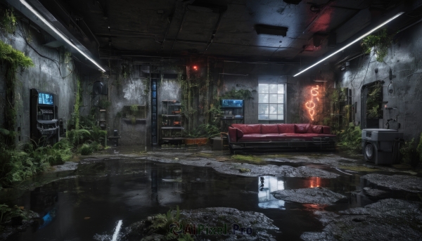 indoors,water,military,no humans,window,plant,ground vehicle,scenery,couch,motor vehicle,reflection,sign,car,ruins,puddle,moss,overgrown,post-apocalypse,broken window,glowing,science fiction,rain,door