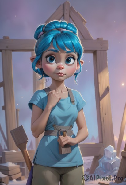 1girl,solo,breasts,looking at viewer,blush,short hair,bangs,blue eyes,shirt,holding,blue hair,standing,collarbone,tail,short sleeves,cowboy shot,small breasts,outdoors,parted lips,pointy ears,pants,hair bun,lips,single hair bun,thick eyebrows,blue shirt,child,fence,female child,wooden fence,artist name,eyelashes,nose,overalls