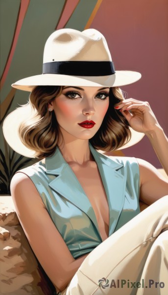 1girl,solo,breasts,looking at viewer,short hair,brown hair,shirt,hat,cleavage,bare shoulders,jewelry,medium breasts,sitting,collarbone,earrings,small breasts,parted lips,sleeveless,pants,hand up,medium hair,nail polish,vest,lips,grey eyes,sleeveless shirt,no bra,makeup,white headwear,crossed legs,blue shirt,lipstick,red nails,white pants,red lips,dress,brown eyes,black eyes,formal,couch