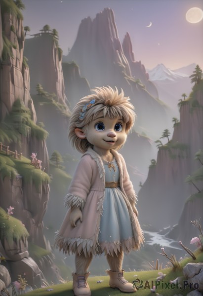 1girl,solo,smile,short hair,open mouth,blue eyes,blonde hair,hair ornament,1boy,dress,standing,full body,flower,outdoors,sky,shoes,tree,night,blue dress,moon,grass,child,star (sky),nature,night sky,furry,full moon,rock,mountain,fantasy,furry female,mushroom,crescent moon,cliff,brown hair,boots,pointy ears,watermark,plant,scenery,realistic