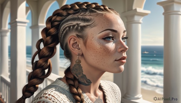 1girl,solo,long hair,blue eyes,brown hair,jewelry,braid,multicolored hair,earrings,outdoors,parted lips,sky,choker,day,water,blurry,twin braids,lips,tattoo,blurry background,bird,ocean,beach,portrait,freckles,realistic,nose,looking afar,pillar,neck tattoo,column,collarbone,blue sky,eyelashes,makeup,piercing,sunlight,sand,facial tattoo