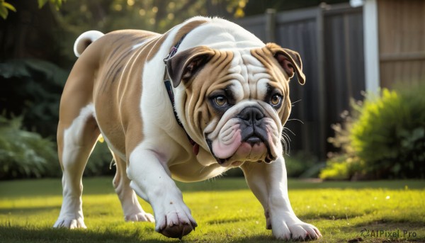 HQ,solo,full body,yellow eyes,outdoors,day,blurry,tree,no humans,depth of field,blurry background,animal,grass,nature,dog,realistic,animal focus,tiger,lion,looking at viewer,brown eyes,standing,collar,plant,bush,puppy