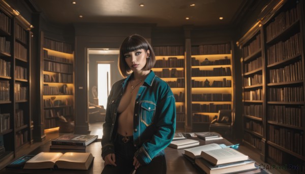 1girl,solo,breasts,looking at viewer,short hair,bangs,blue eyes,brown hair,shirt,black hair,long sleeves,navel,cleavage,brown eyes,jewelry,medium breasts,closed mouth,standing,jacket,cowboy shot,earrings,open clothes,belt,pants,indoors,blunt bangs,necklace,black eyes,open jacket,lips,sleeves past wrists,book,window,open shirt,no bra,chair,black pants,piercing,table,bob cut,ring,denim,blue jacket,breasts apart,buckle,pocket,black belt,jeans,belt buckle,nose,unbuttoned,bookshelf,book stack,library,no shirt,denim jacket,large breasts,nail polish,mole,makeup,topless,lipstick,ear piercing,pendant,cigarette,open book,realistic,stud earrings,leather,leather jacket,mascara,plunging neckline