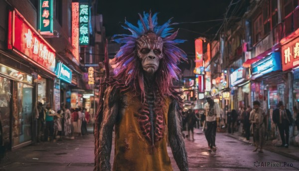 standing,outdoors,multiple boys,sky,solo focus,tattoo,night,feathers,building,night sky,scenery,walking,6+boys,monster,city,sign,road,arm tattoo,multiple others,street,crowd,horror (theme),cyberpunk,neon lights,6+others,looking at viewer,1other,dark,ambiguous gender,shop,city lights,traffic light,people,crosswalk,real world location,vanishing point