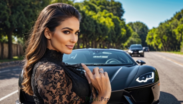 1girl,solo,long hair,looking at viewer,smile,brown hair,black hair,dress,brown eyes,jewelry,upper body,earrings,outdoors,day,blurry,tree,lips,blurry background,ring,ground vehicle,motor vehicle,realistic,car,road,vehicle focus,sports car,black dress,hair behind ear