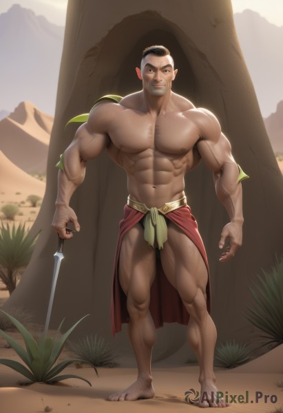 solo,looking at viewer,smile,short hair,black hair,1boy,navel,nipples,full body,weapon,male focus,thighs,outdoors,barefoot,sword,stomach,muscular,facial hair,thick thighs,abs,thick eyebrows,pectorals,muscular male,bara,beard,large pectorals,veins,bulge,topless male,mature male,manly,bare pectorals,undercut,chest hair,planted,loincloth,navel hair,leg hair,hairy,thick arms,holding,closed mouth,underwear,standing,cape,holding weapon,male underwear,desert