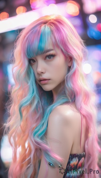 1girl,solo,long hair,looking at viewer,bangs,blue eyes,bare shoulders,brown eyes,closed mouth,blue hair,upper body,pink hair,multicolored hair,artist name,blurry,from side,two-tone hair,lips,grey eyes,eyelashes,aqua hair,makeup,depth of field,blurry background,watermark,wavy hair,realistic,nose,bokeh,gradient hair,web address