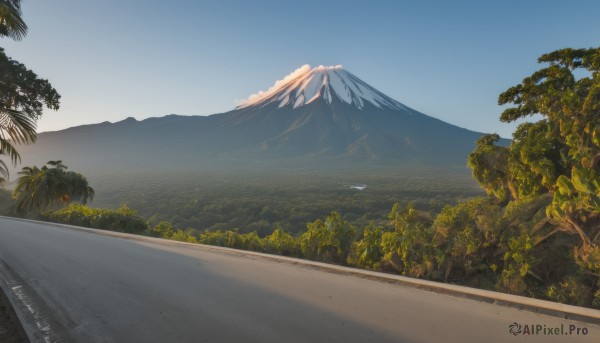 outdoors,sky,day,tree,blue sky,no humans,plant,nature,scenery,forest,mountain,road,bush,landscape,mountainous horizon,cloud,signature,ocean,mount fuji