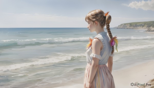 1girl,solo,long hair,breasts,bangs,skirt,brown hair,shirt,bare shoulders,closed mouth,standing,closed eyes,white shirt,braid,outdoors,frills,sky,sleeveless,day,cloud,water,twin braids,from side,lips,sleeveless shirt,profile,ocean,beach,feathers,scenery,vertical stripes,pink skirt,sand,arms at sides,horizon,arm garter,waves,striped skirt,shore,vertical-striped skirt,hair ornament,dress,white dress,blue sky,sleeveless dress